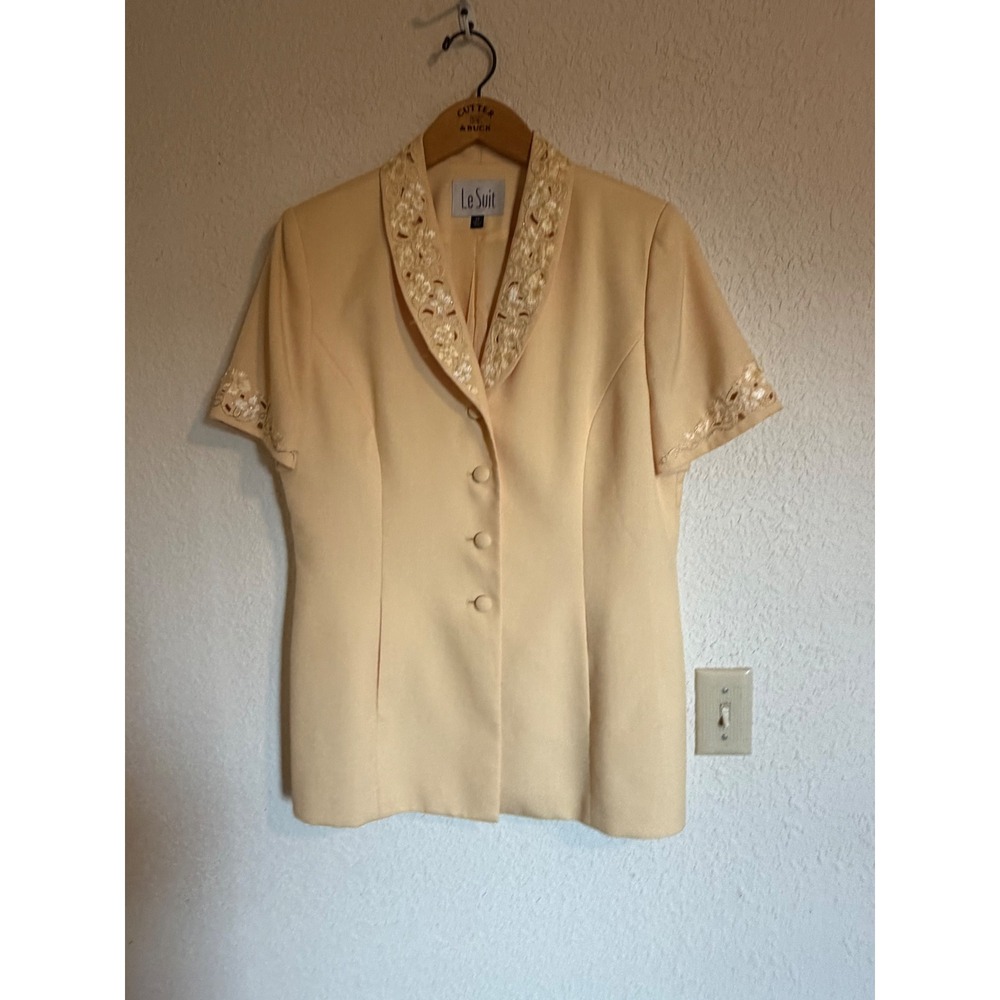 Le Suit Womens Butter Yellow Embroidered Short Sleeve Blazer Jacket Sz 14 Floral
